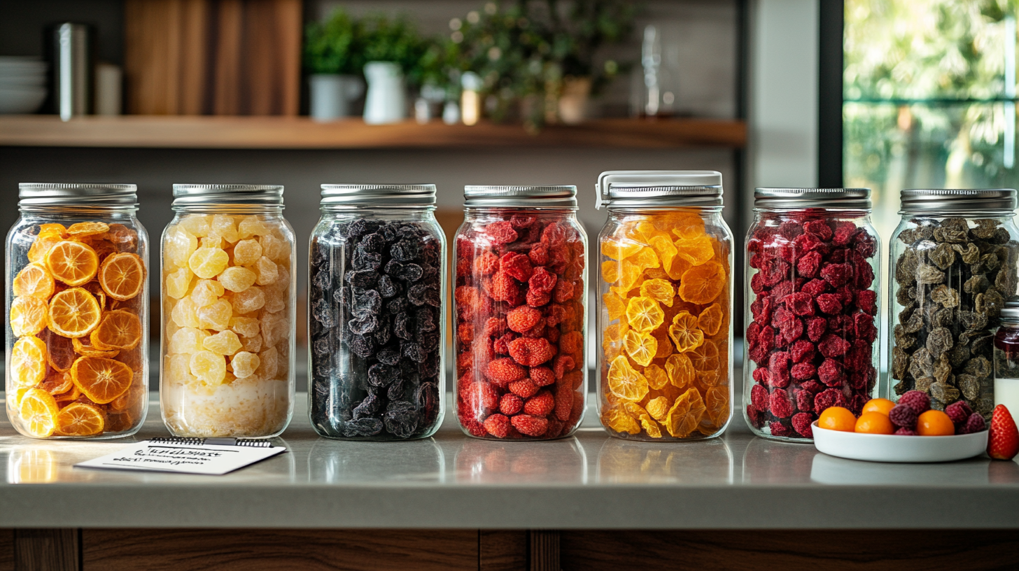 A vibrant display of freeze-dried fruit snacks from Claros Farm, arranged on a picnic table outdoors.