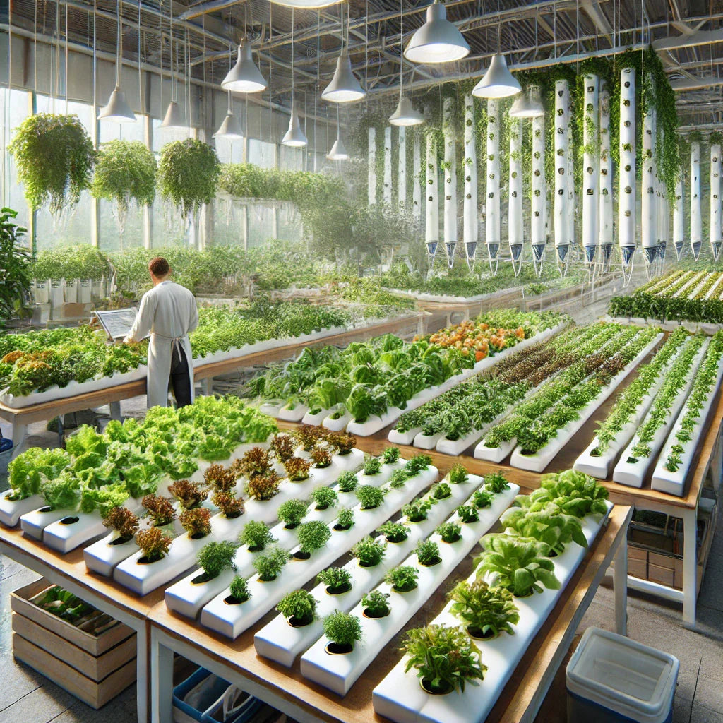 A detailed and realistic scene of a soilless farming setup in a modern greenhouse. The image shows a variety of vegetables and herbs growing in hydrop