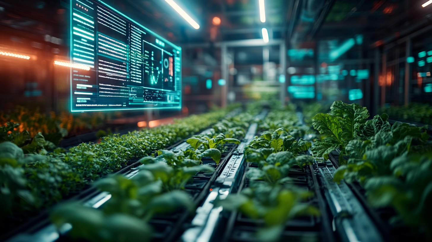 A futuristic agricultural setup where AI plays a pivotal role. The scene includes various high-tech elements like sensors, cameras, and advanced algor